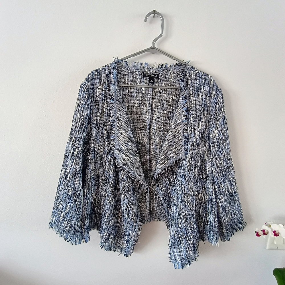 Ro&De Blue Tweed Open Jacket Womens XL Frayed Trim Cropped Boucle Blazer